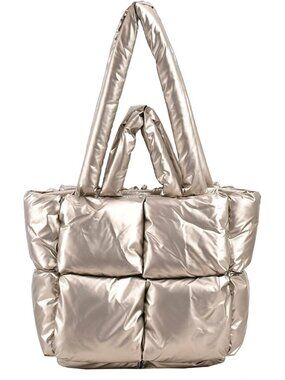 Women Champag Quilted Polyester Lightweight Zipper Luxury Tote Shoulder Handbag
